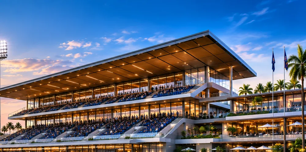Artist impression of the cricket grandstand and hospitality levels