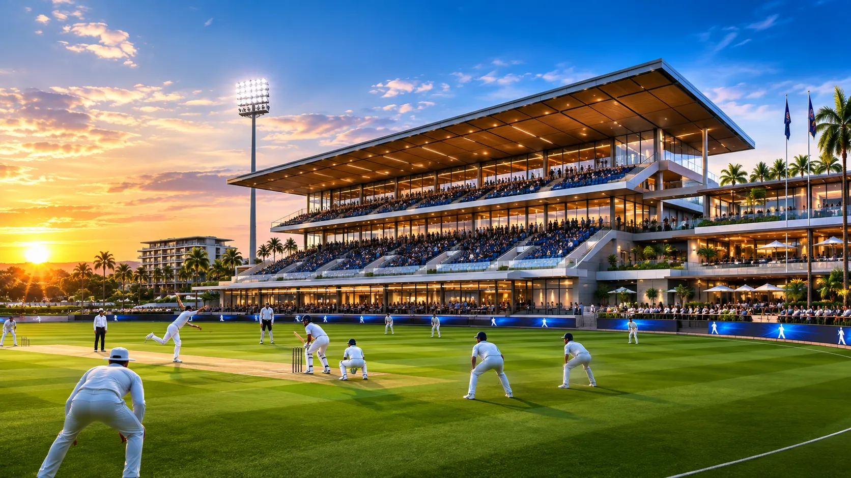 Artist impression of the Bayu cricket ground and grandstand during a match at sunset